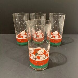 4 TEDDY BEAR Christmas Holiday Drinking Glasses ~ Vintage